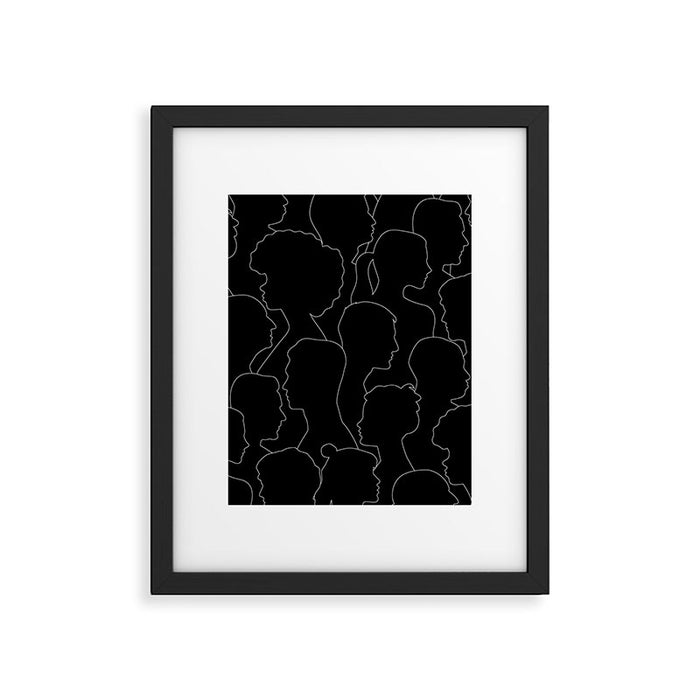 Black and white diverse people crowd pattern Framed Art Print Gallery Image 1