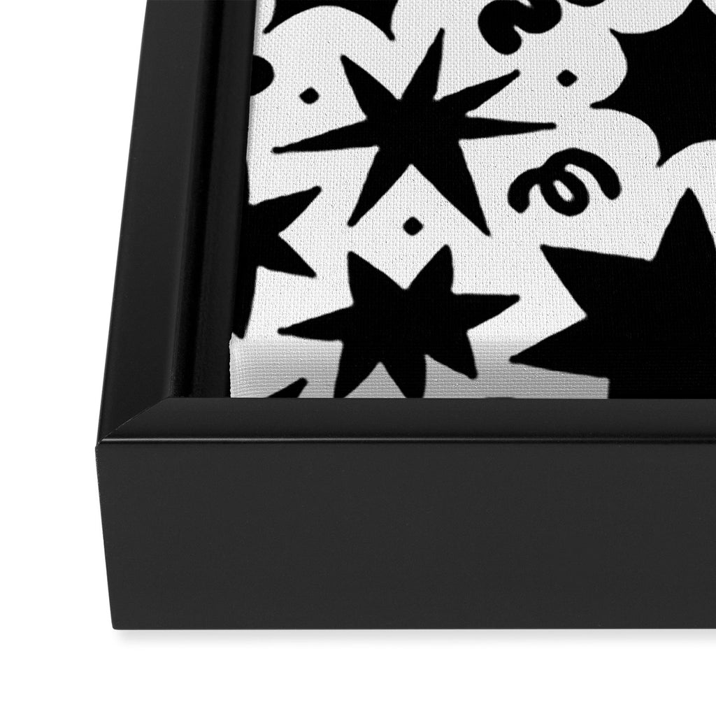 Black and white fun star doodle pattern Framed Canvas Print Gallery Image 3
