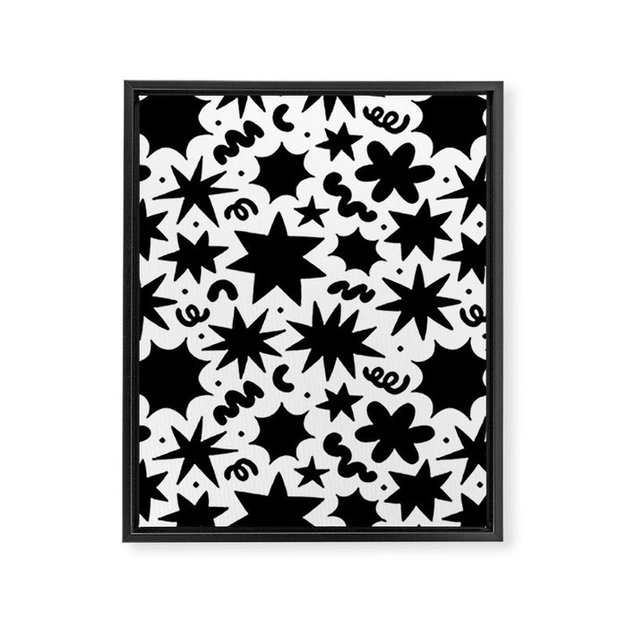 Black and white fun star doodle pattern Framed Canvas Print Gallery Image 1