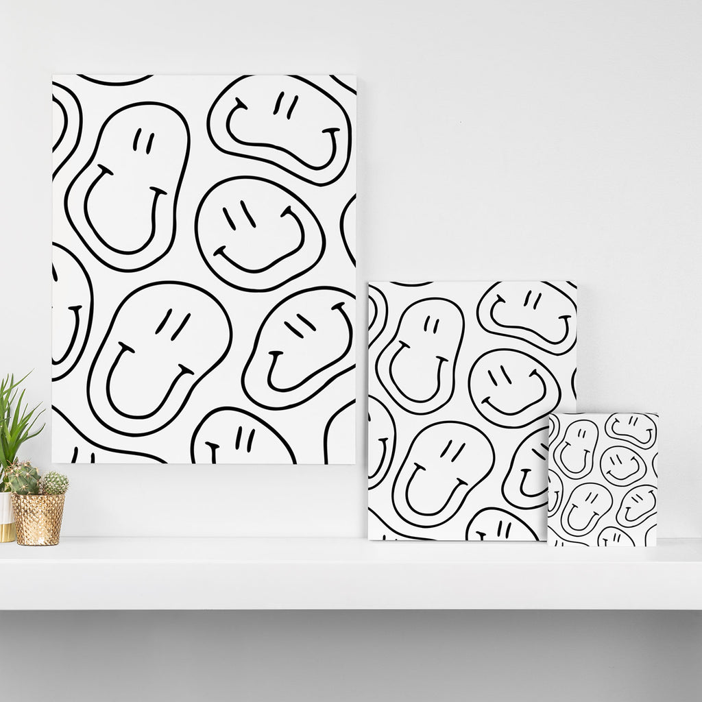 Black and white happy smiling face cartoon pattern Canvas Print Gallery Image 3
