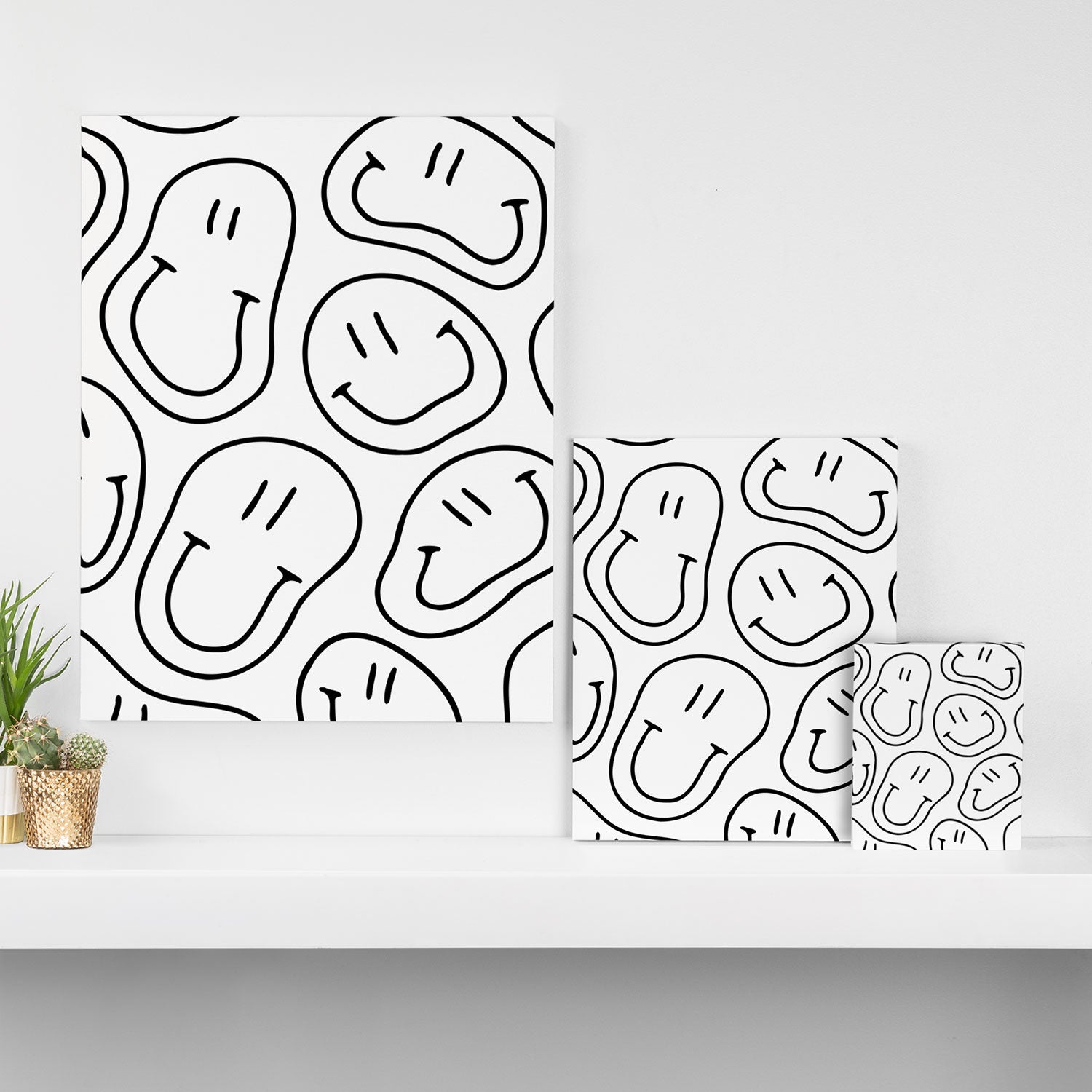 Black and white happy smiling face cartoon pattern Canvas Print Gallery Image 3