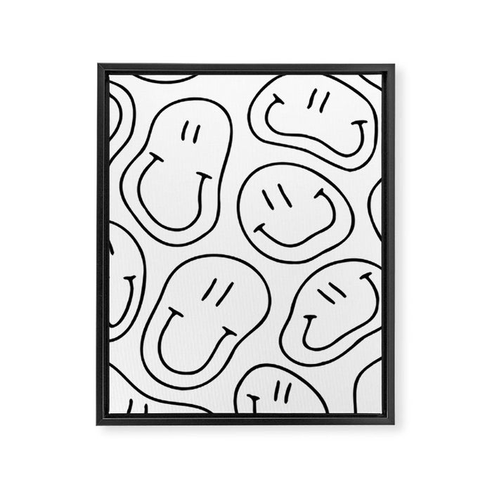 Black and white happy smiling face cartoon pattern Framed Canvas Print Gallery Image 1