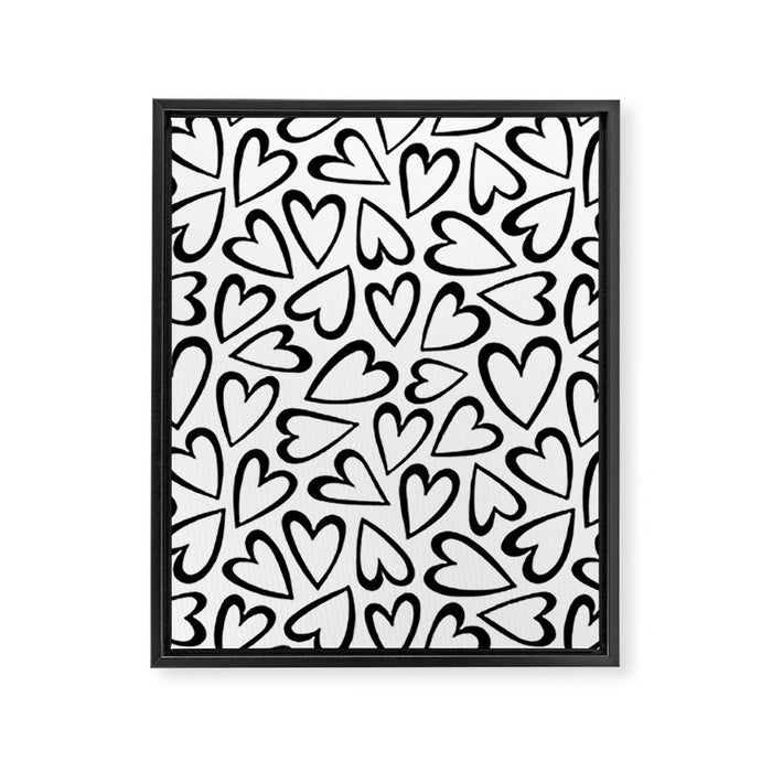 Black and white love heart cartoon pattern Framed Canvas Print Gallery Image 1
