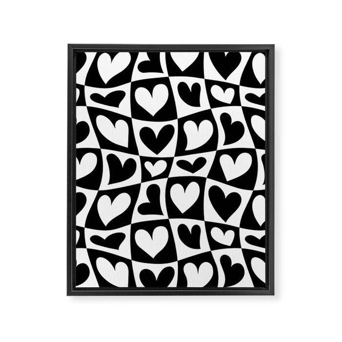 Black and white love heart checkered pattern Framed Canvas Print Gallery Image 1