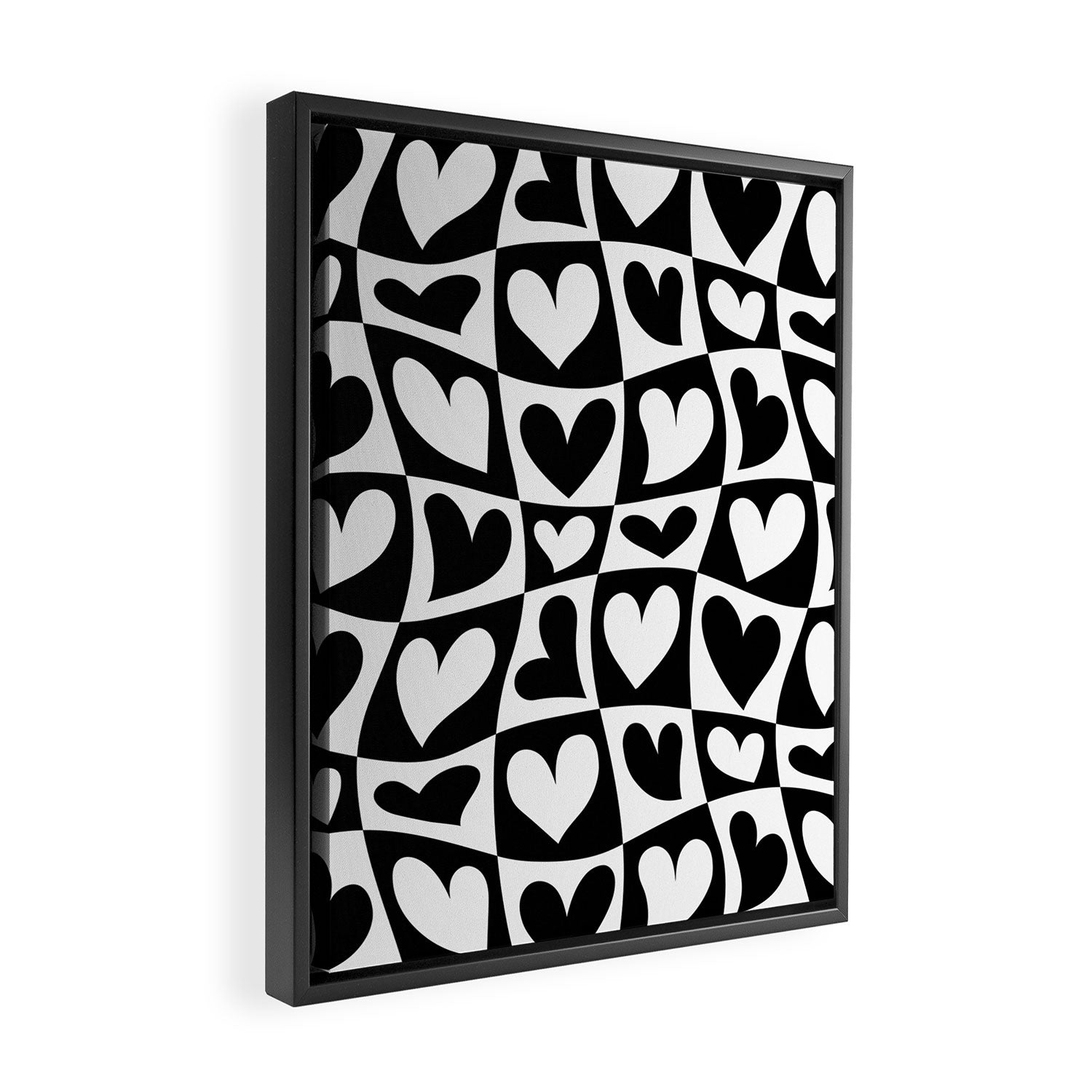 Black and white love heart checkered pattern Framed Canvas Print Gallery Image 2