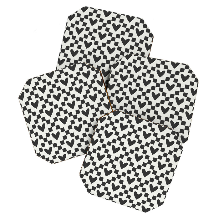 Black and white love heart checkered pattern Coaster Gallery Image 1