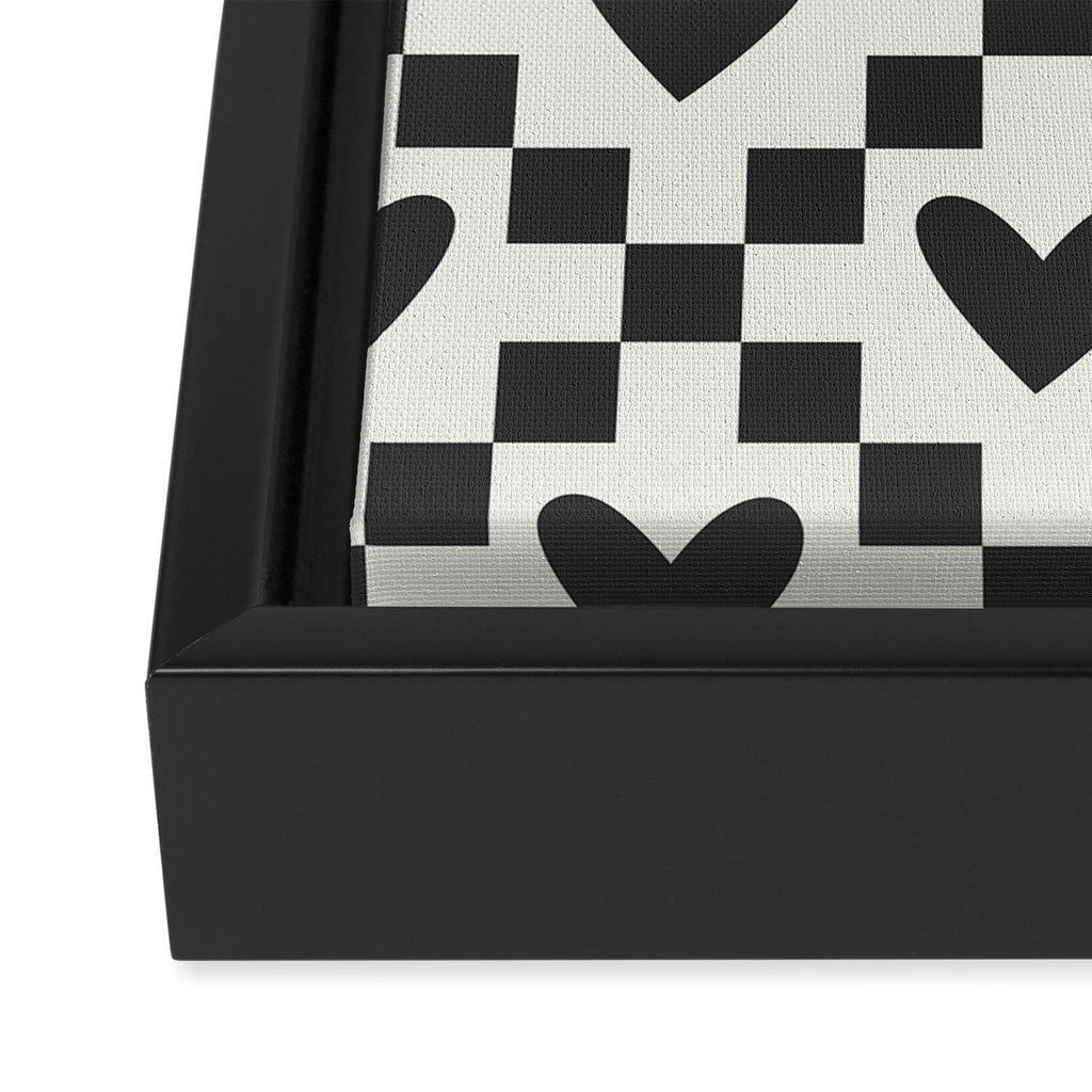 Black and white love heart checkered pattern Framed Canvas Print Gallery Image 3