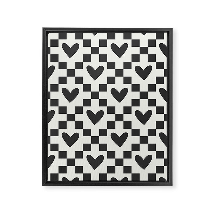 Black and white love heart checkered pattern Framed Canvas Print Gallery Image 1