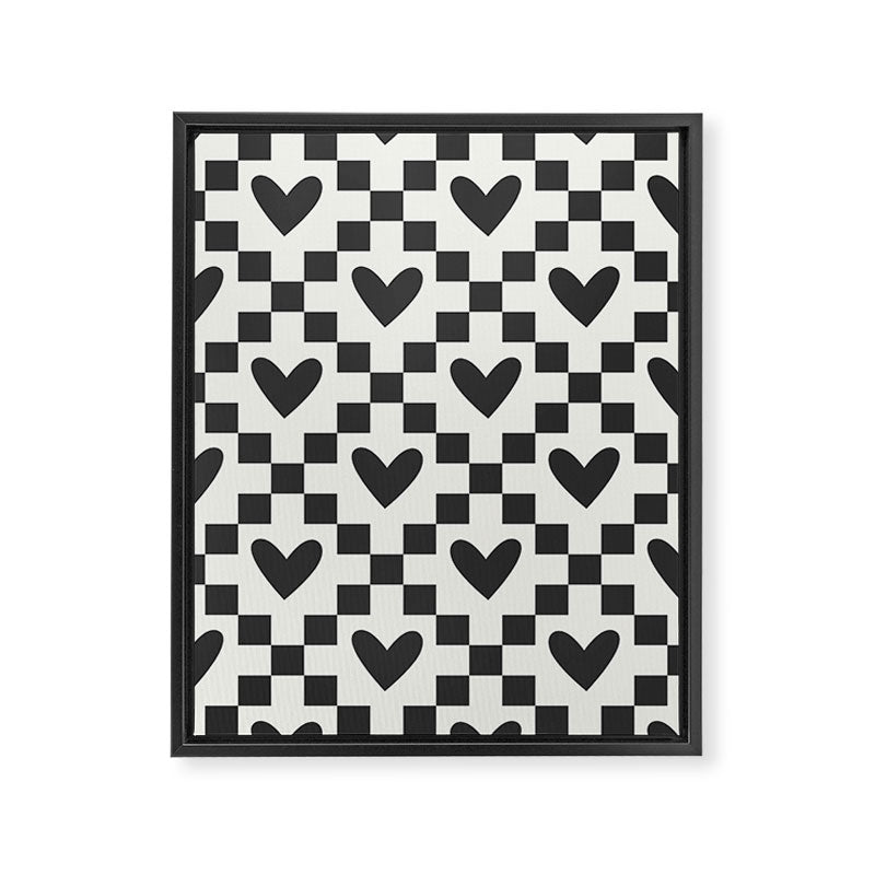 Black and white love heart checkered pattern Framed Canvas Print Gallery Image 8