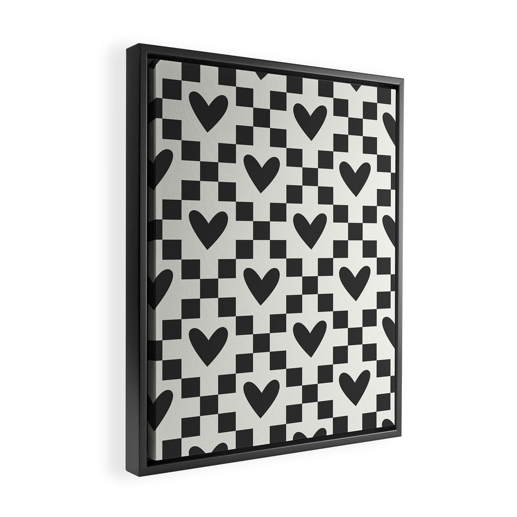 Black and white love heart checkered pattern Framed Canvas Print Gallery Image 2