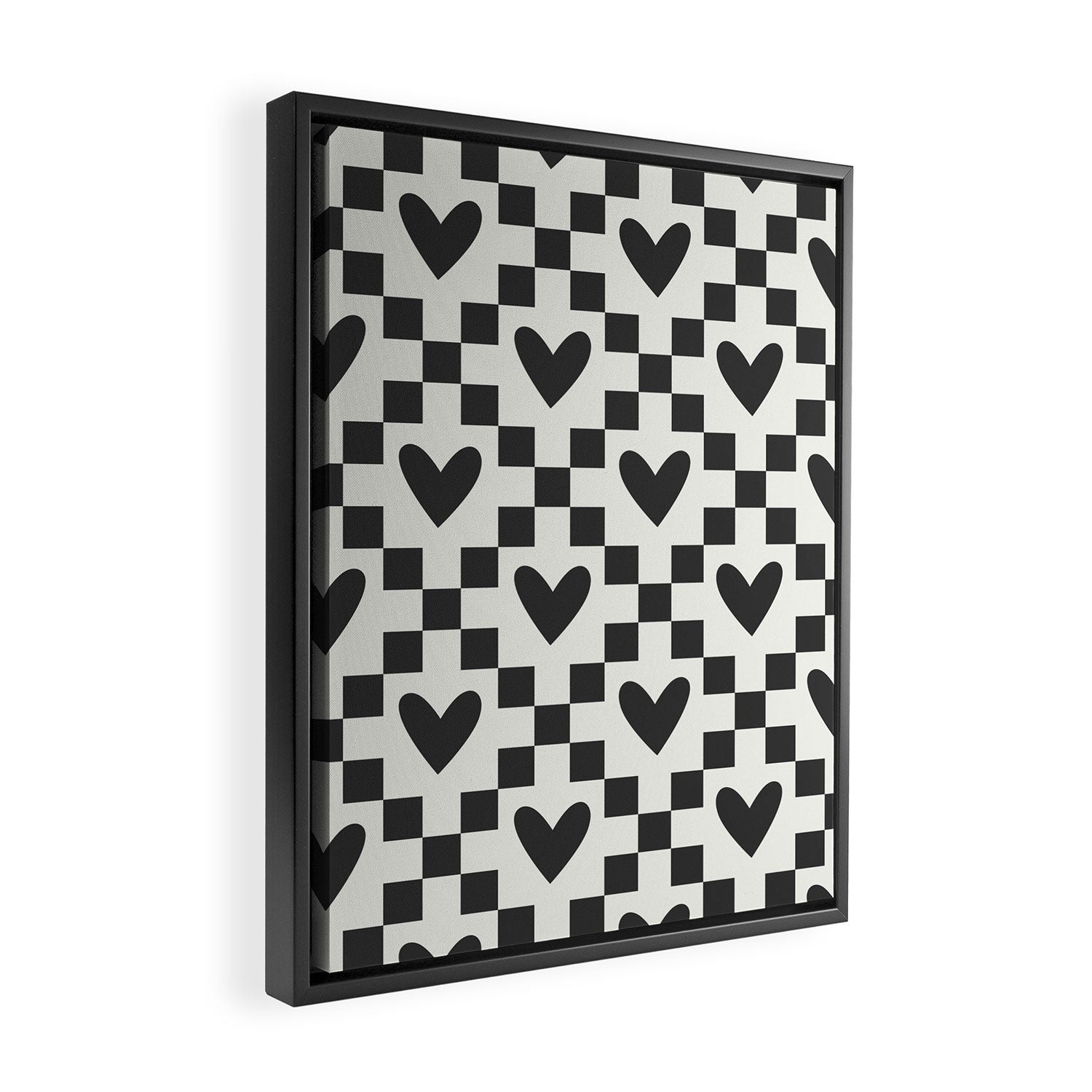 Black and white love heart checkered pattern Framed Canvas Print Gallery Image 2