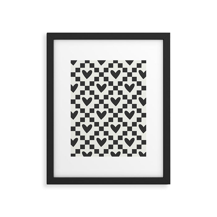 Black and white love heart checkered pattern Framed Art Print Gallery Image 1