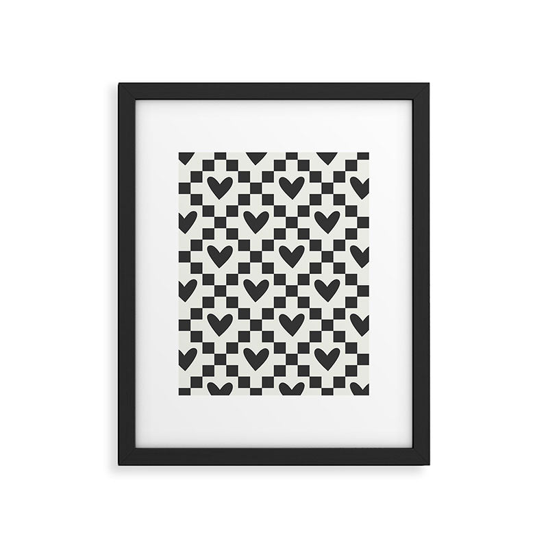 Black and white love heart checkered pattern Framed Art Print Gallery Image 6