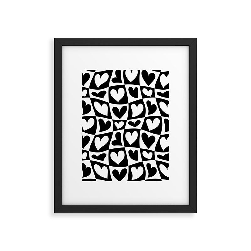 Black and white love heart checkered pattern Framed Art Print Gallery Image 6
