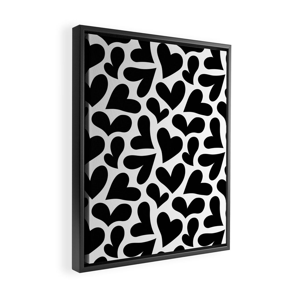 Black and white love heart shape pattern Framed Canvas Print Gallery Image 2