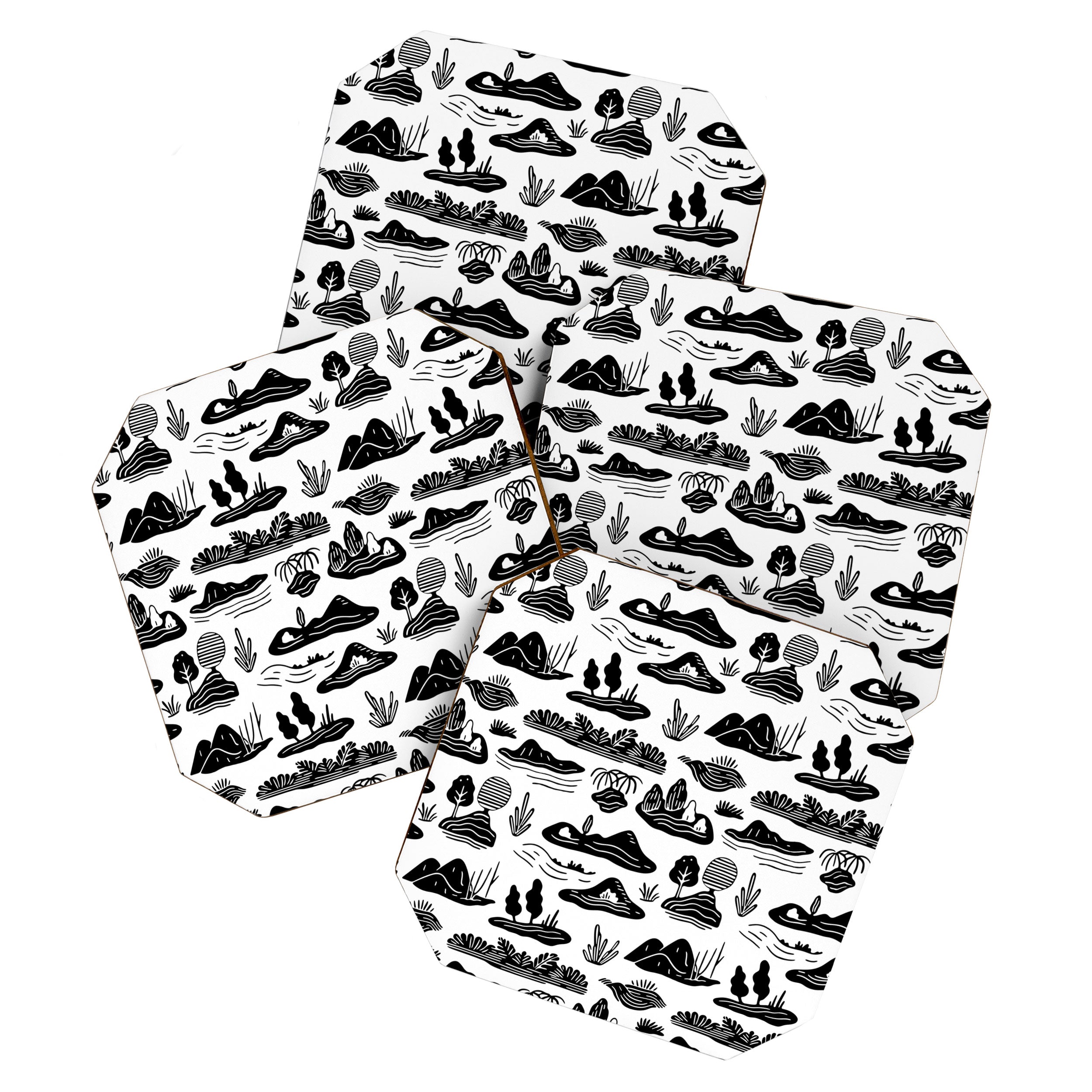 Black and white nature landscape doodle pattern Coaster Gallery Image 1