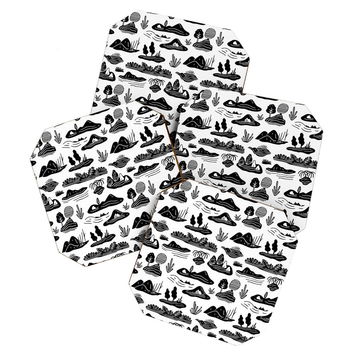 Black and white nature landscape doodle pattern Coaster Gallery Image 1
