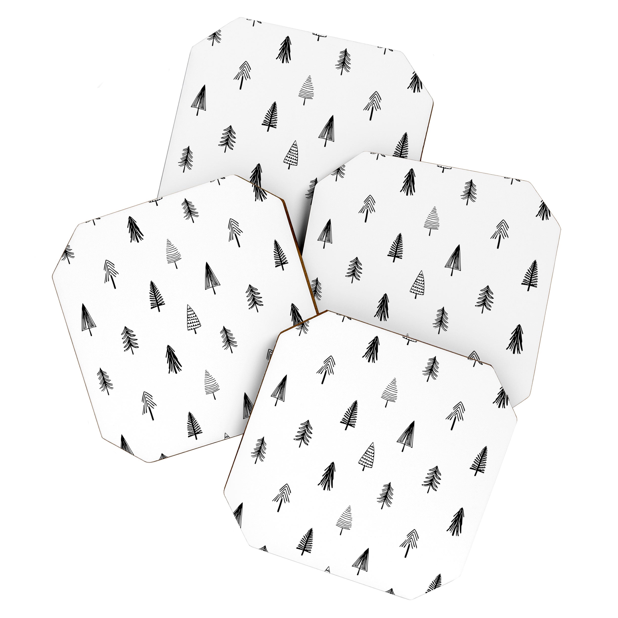 Black and white pine tree doodle art pattern Coaster Gallery Image 1