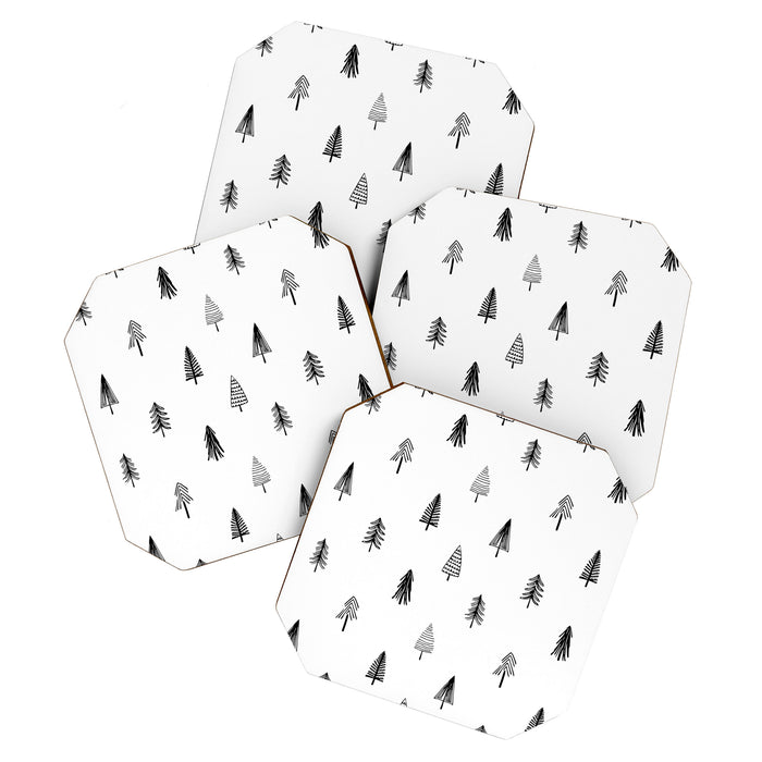 Black and white pine tree doodle art pattern Coaster Gallery Image 1