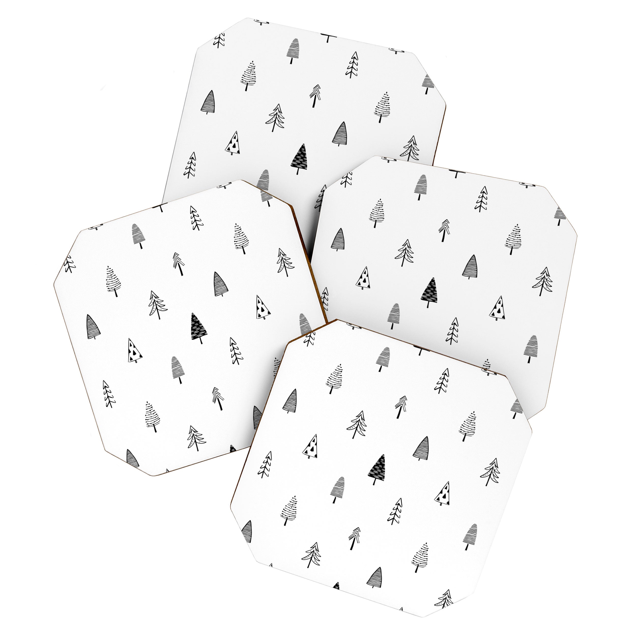 Black and white pine tree doodle art pattern Coaster Gallery Image 1