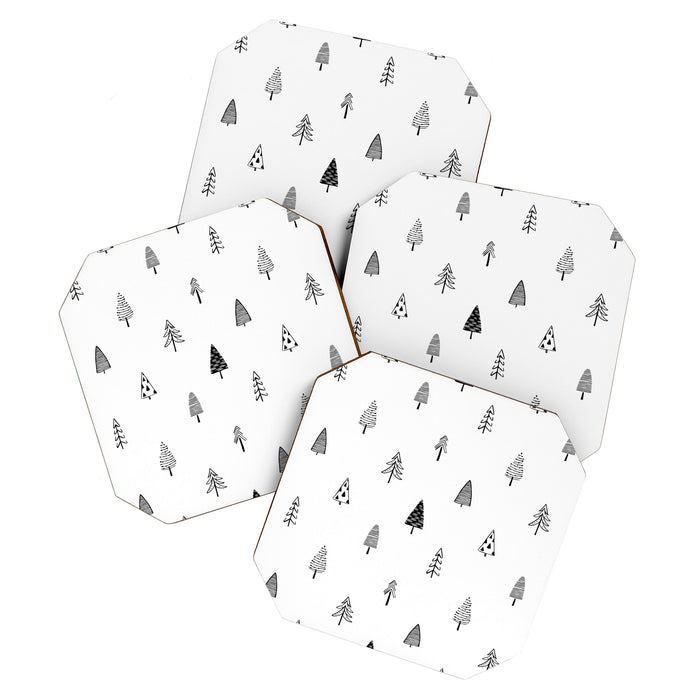 Black and white pine tree doodle art pattern Coaster Gallery Image 1