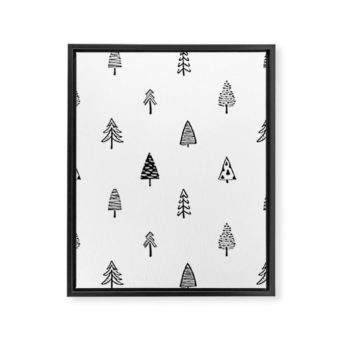 Black and white pine tree doodle art pattern Framed Canvas Print Gallery Image 1