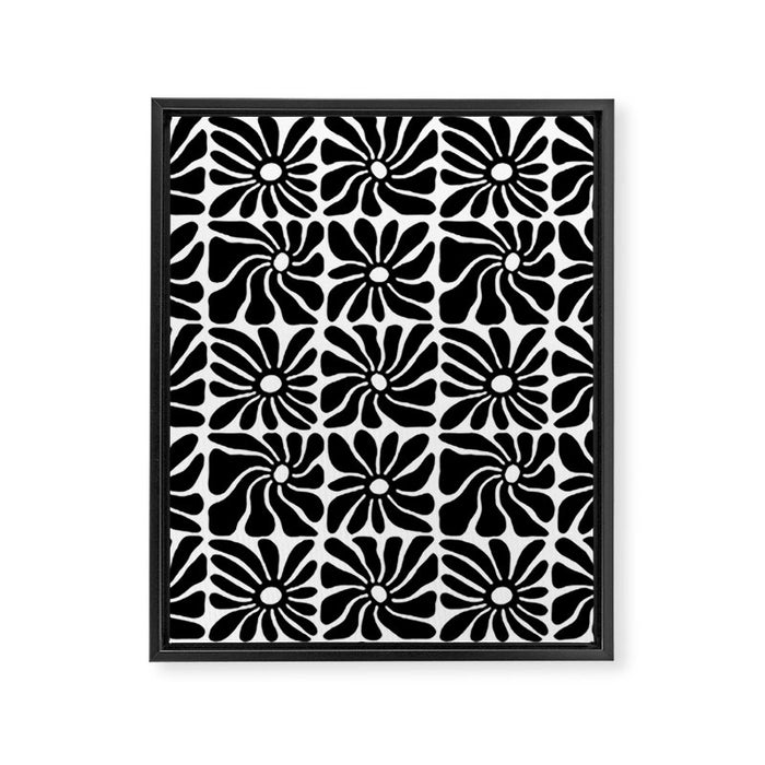 Black and white retro flower art pattern Framed Canvas Print Gallery Image 1