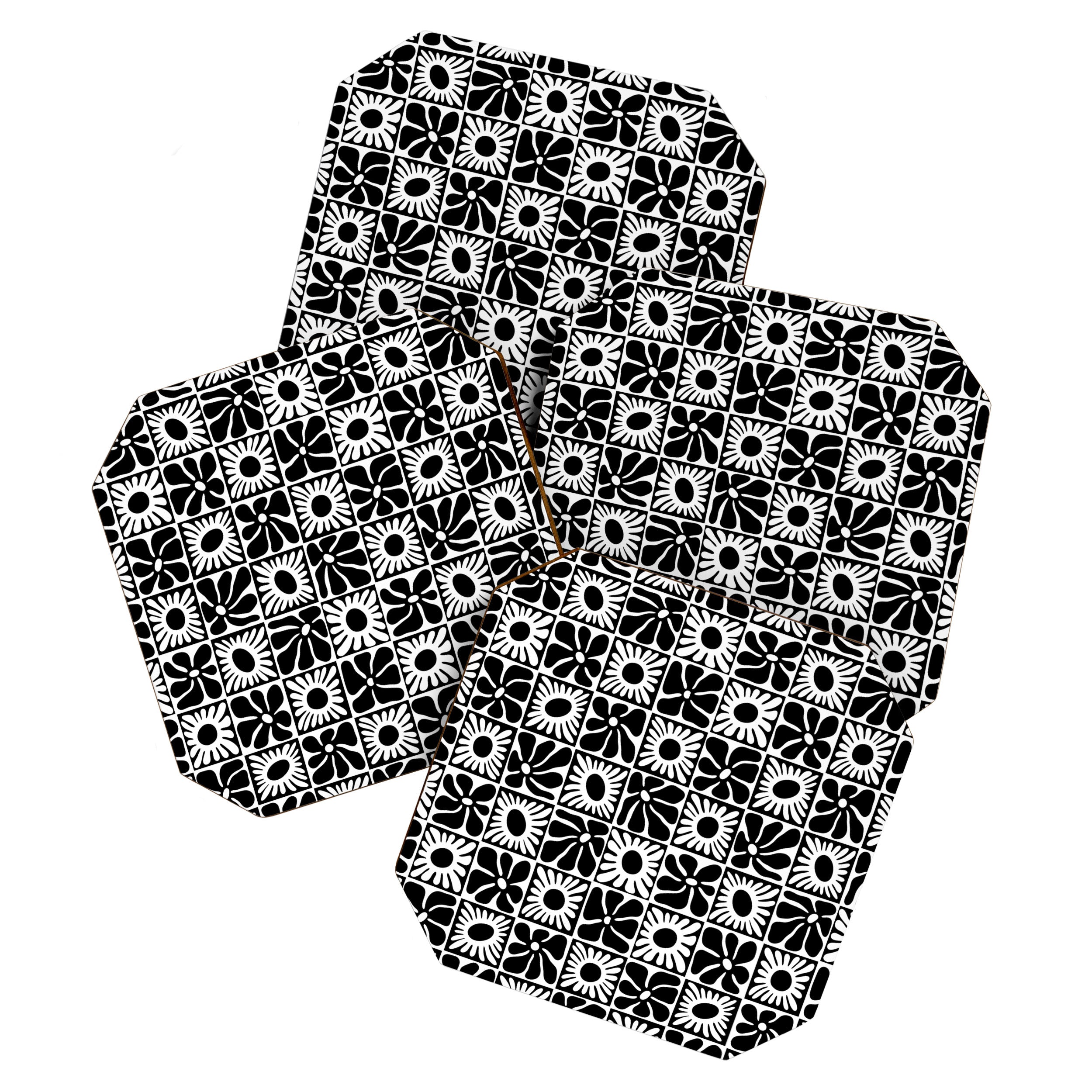Black and white retro flower art pattern Coaster Gallery Image 1