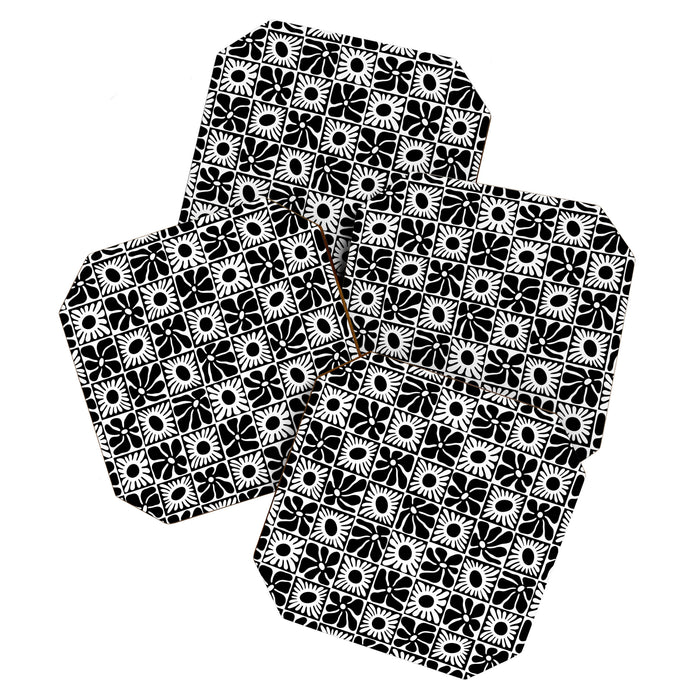 Black and white retro flower art pattern Coaster Gallery Image 1