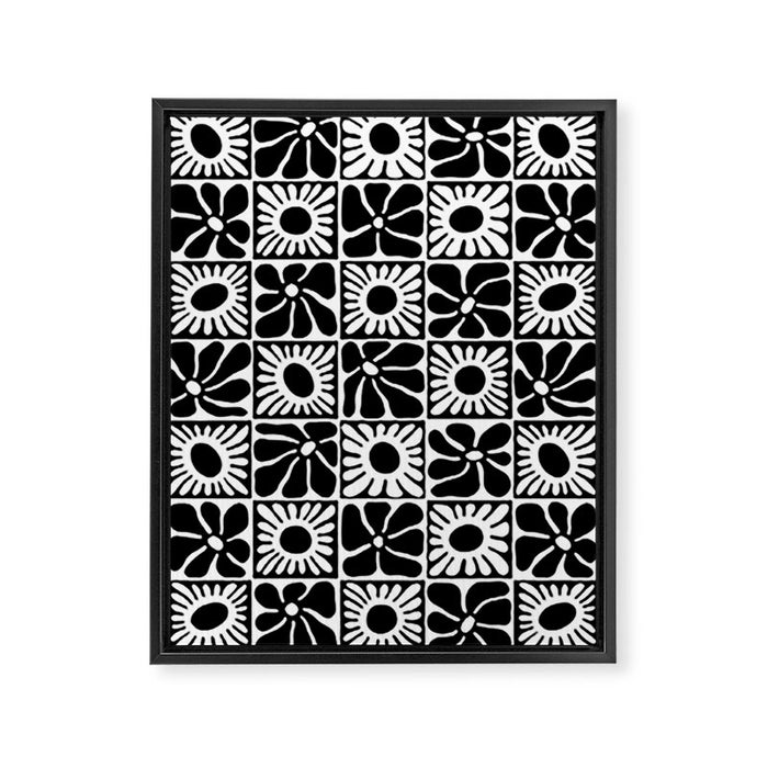 Black and white retro flower art pattern Framed Canvas Print Gallery Image 1
