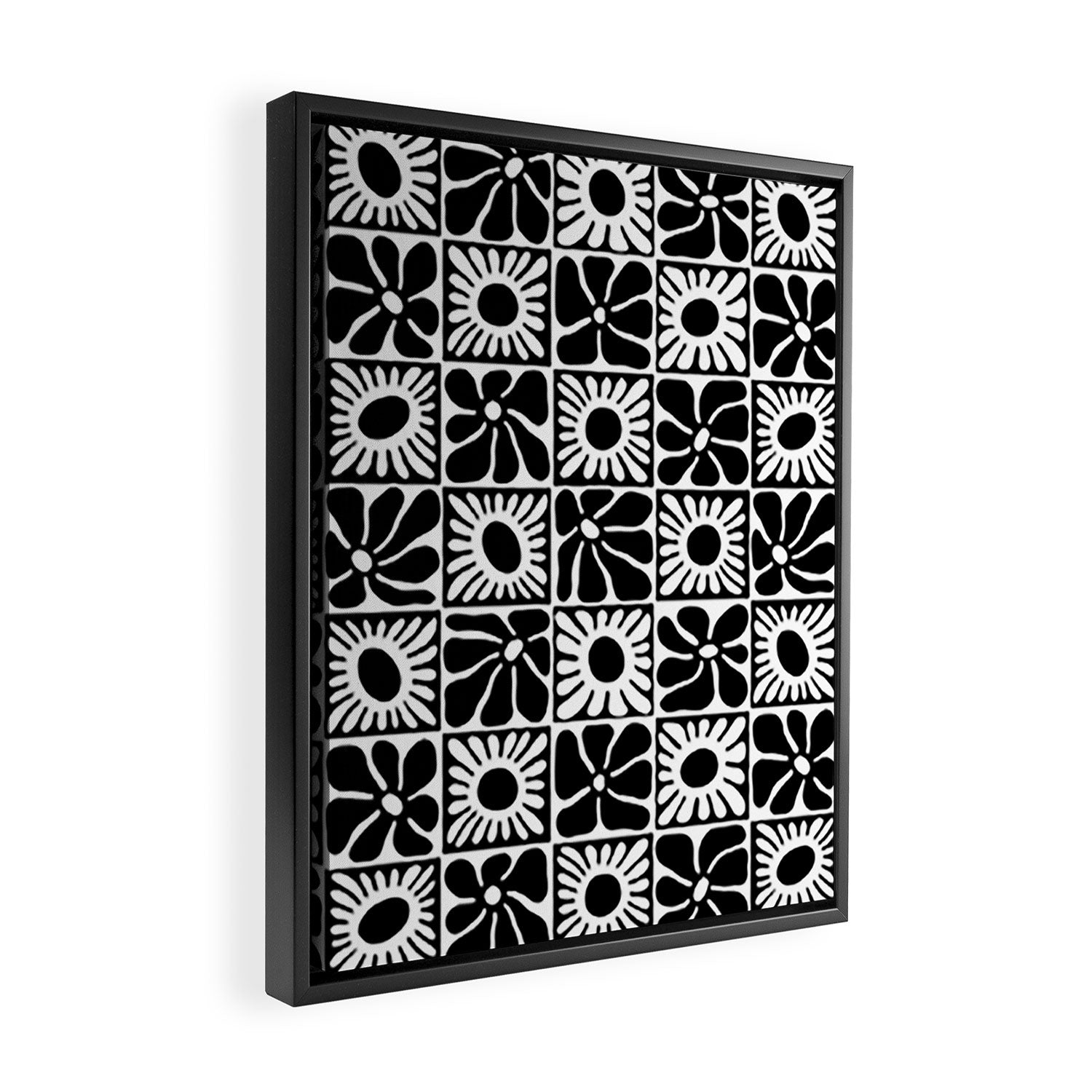 Black and white retro flower art pattern Framed Canvas Print Gallery Image 2
