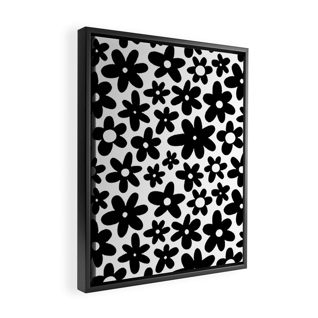 Black and white retro flower pattern Framed Canvas Print Gallery Image 2