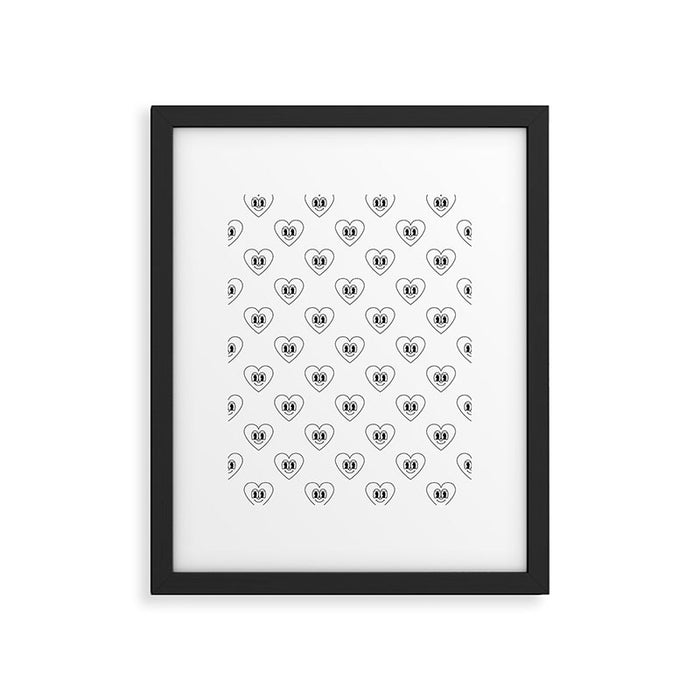 Black and white retro love heart cartoon pattern Framed Art Print Gallery Image 1