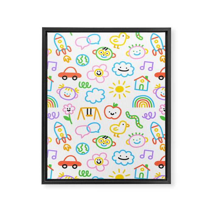 Colorful funny kid doodle art pattern Framed Canvas Print Gallery Image 1
