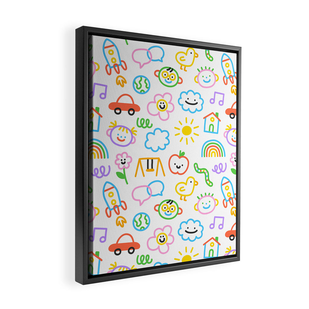 Colorful funny kid doodle art pattern Framed Canvas Print Gallery Image 2