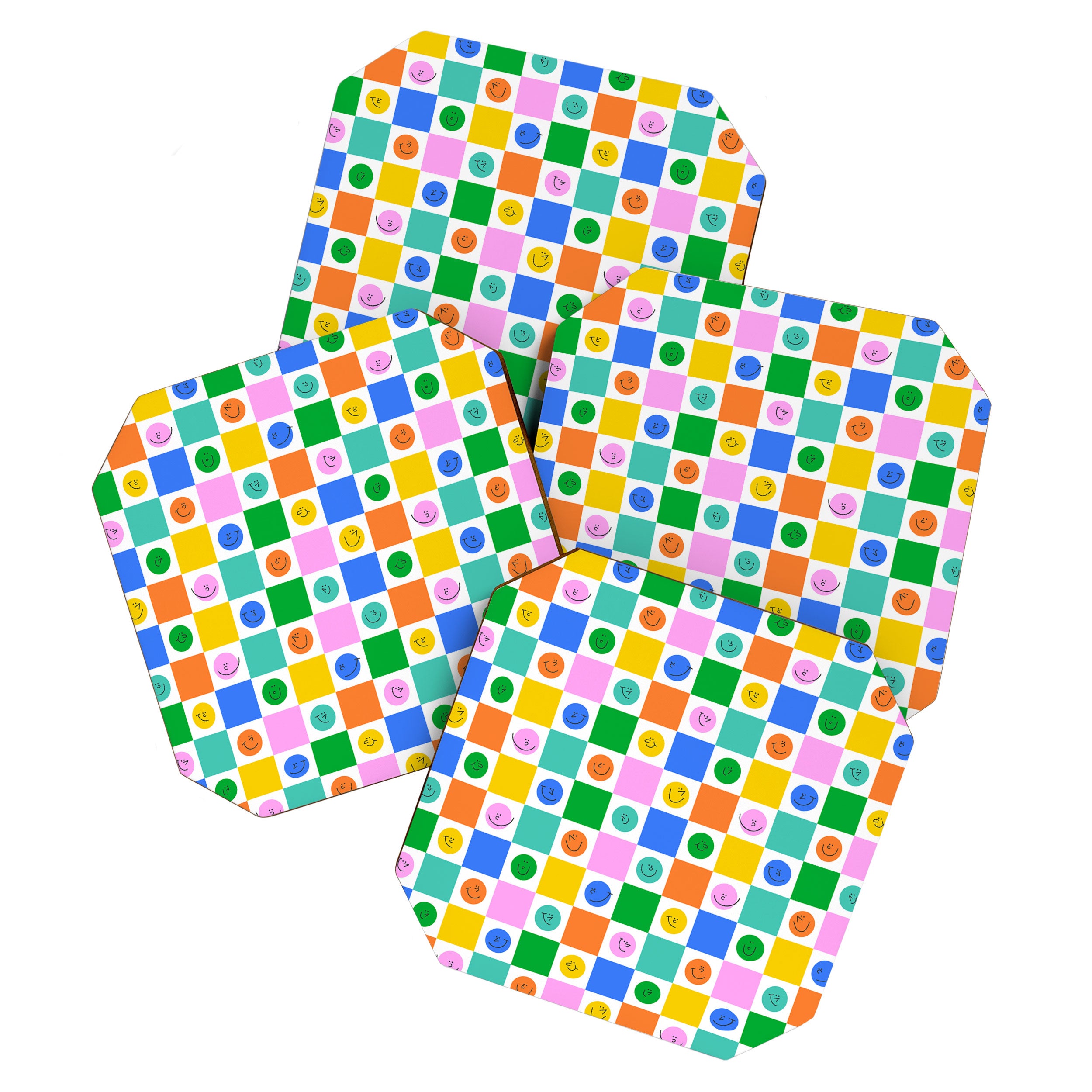Colorful happy face checkered pattern art Coaster Gallery Image 1