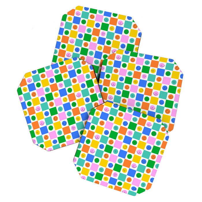 Colorful happy face checkered pattern art Coaster Gallery Image 1