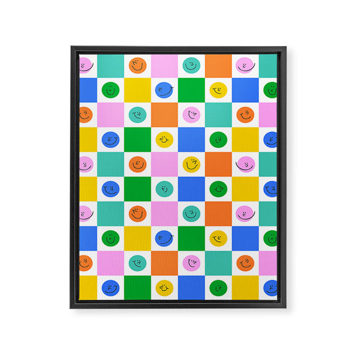 Colorful happy face checkered pattern art Framed Canvas Print Gallery Image 1