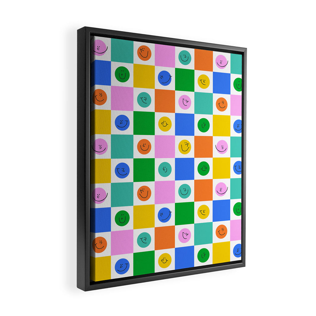 Colorful happy face checkered pattern art Framed Canvas Print Gallery Image 2