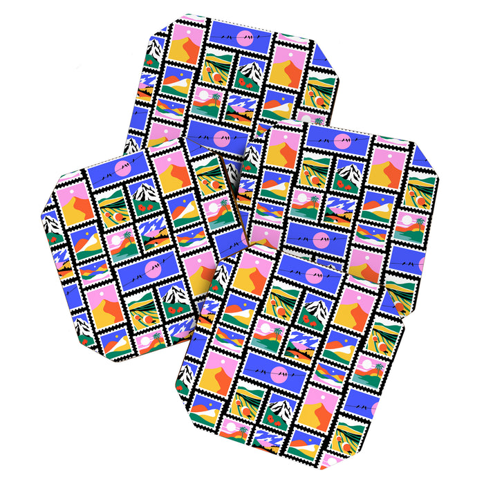 Colorful nature landscape post card stamp pattern Coaster Gallery Image 1