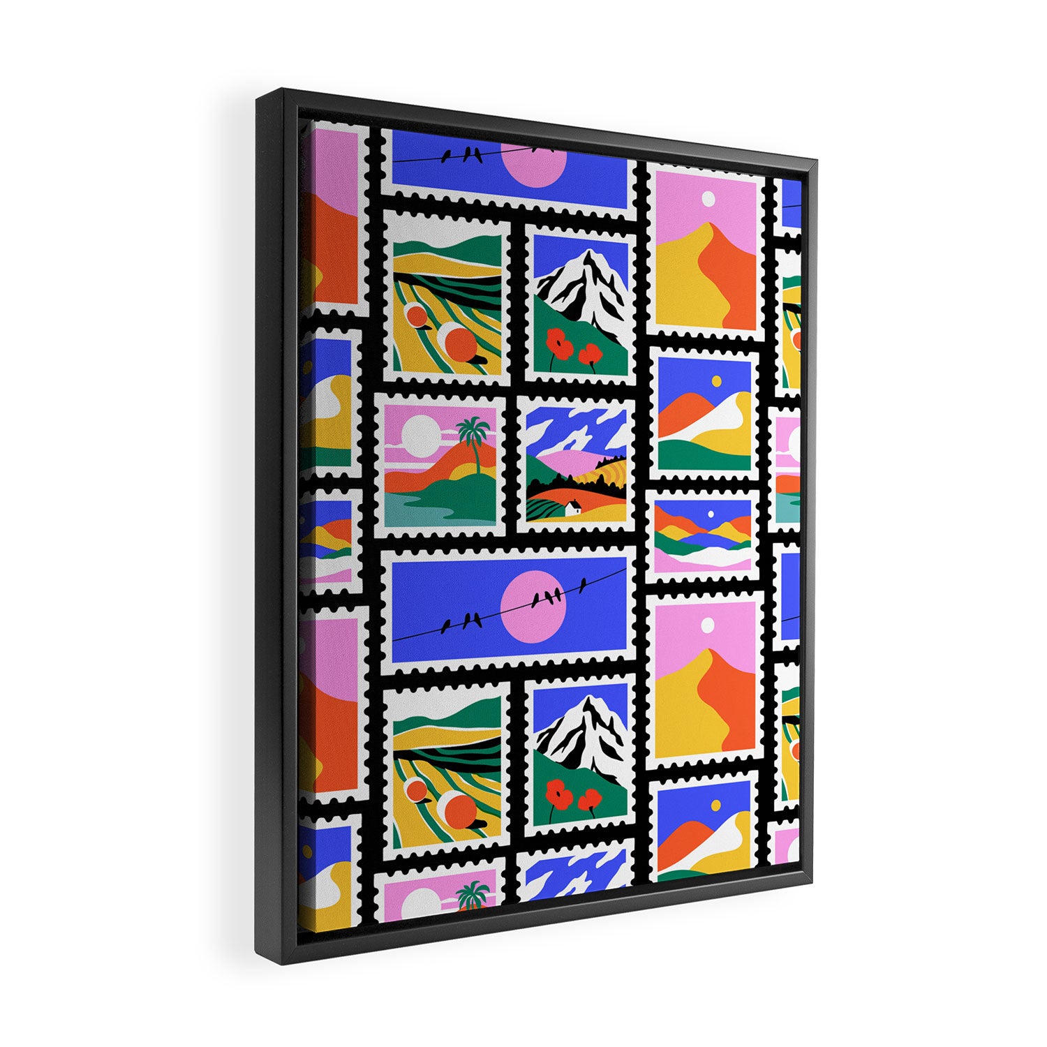 Colorful nature landscape post card stamp pattern Framed Canvas Print Gallery Image 2
