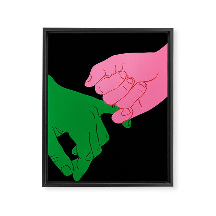 Colorful people holding hands flat cartoon illustration print Framed Canvas Print Gallery Image 1
