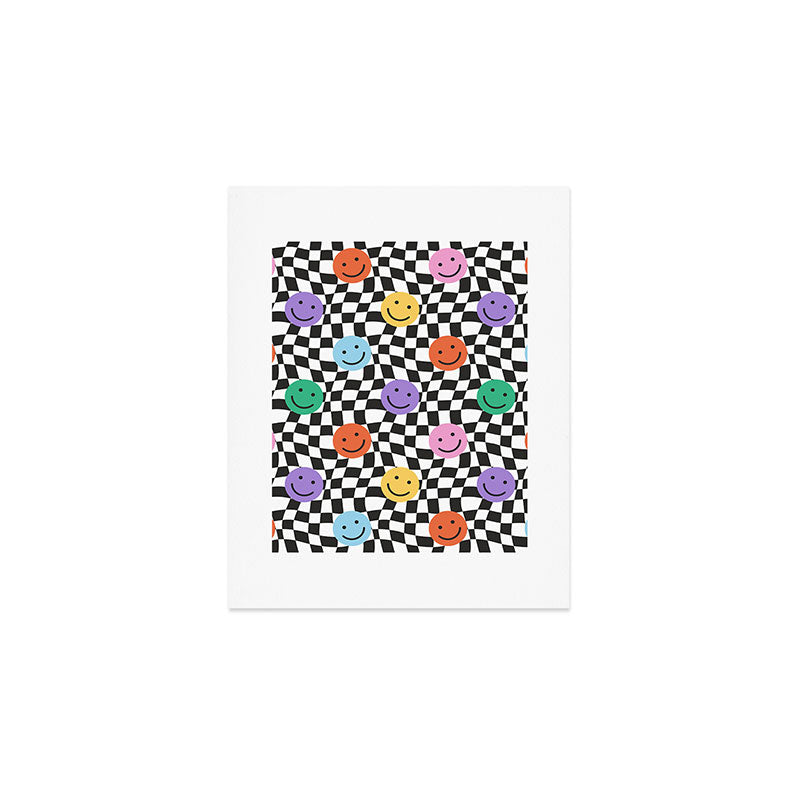 Colorful retro checkered happy face pattern Art Print Gallery Image 1