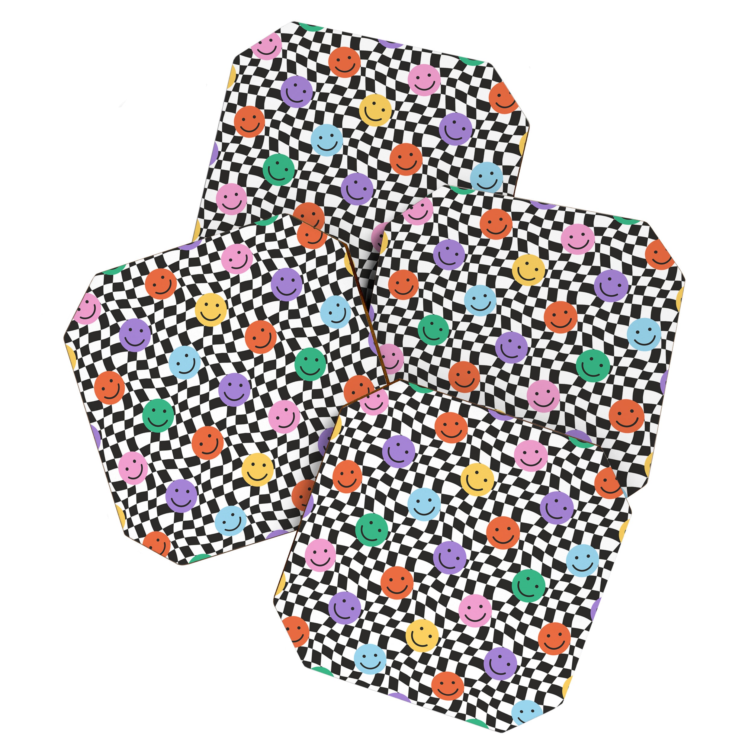 Colorful retro checkered happy face pattern Coaster Gallery Image 1