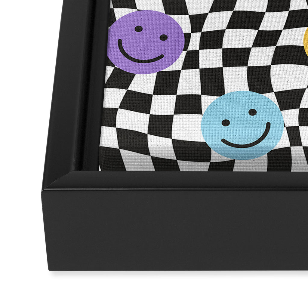 Colorful retro checkered happy face pattern Framed Canvas Print Gallery Image 3