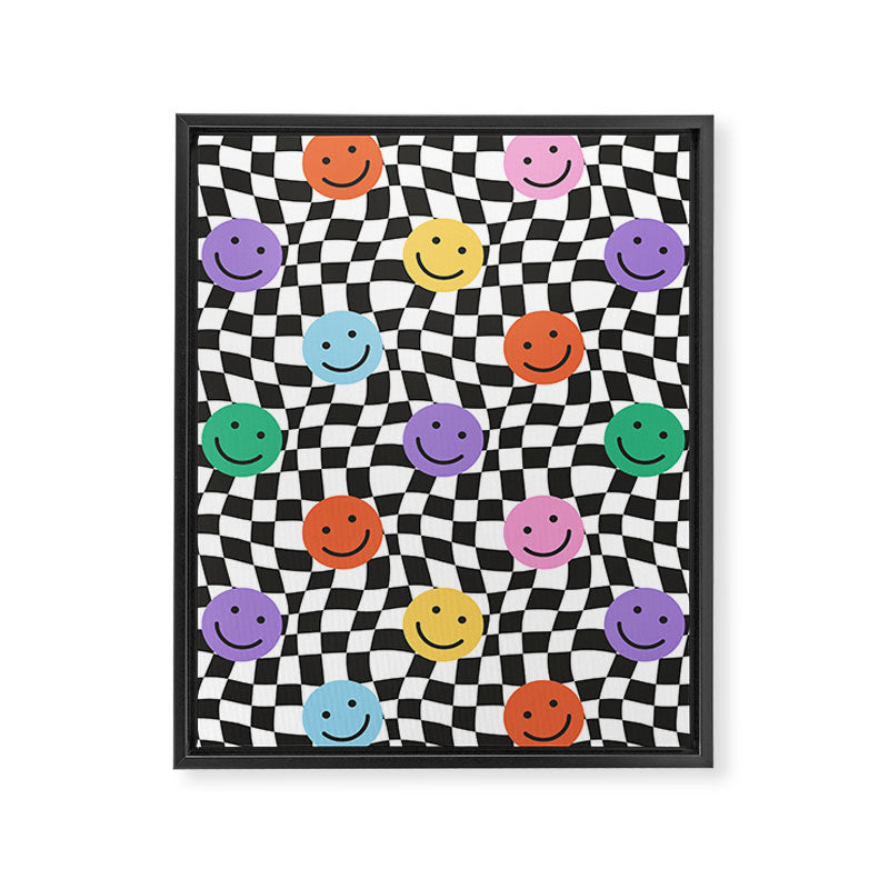 Colorful retro checkered happy face pattern Framed Canvas Print Gallery Image 8
