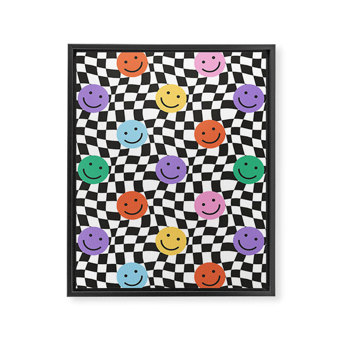 Colorful retro checkered happy face pattern Framed Canvas Print Gallery Image 1