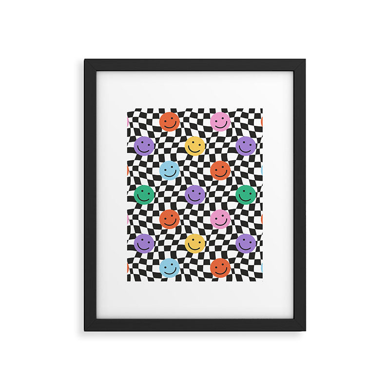 Colorful retro checkered happy face pattern Framed Art Print Gallery Image 6