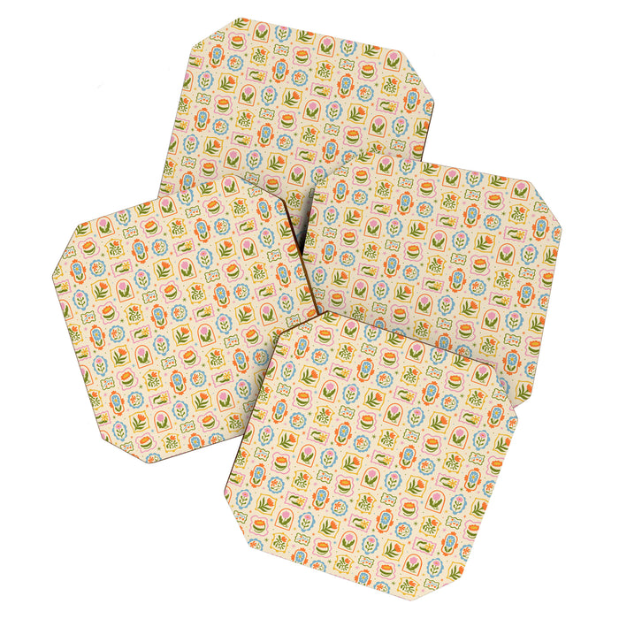 Colorful retro flower art frame art pattern Coaster Gallery Image 1