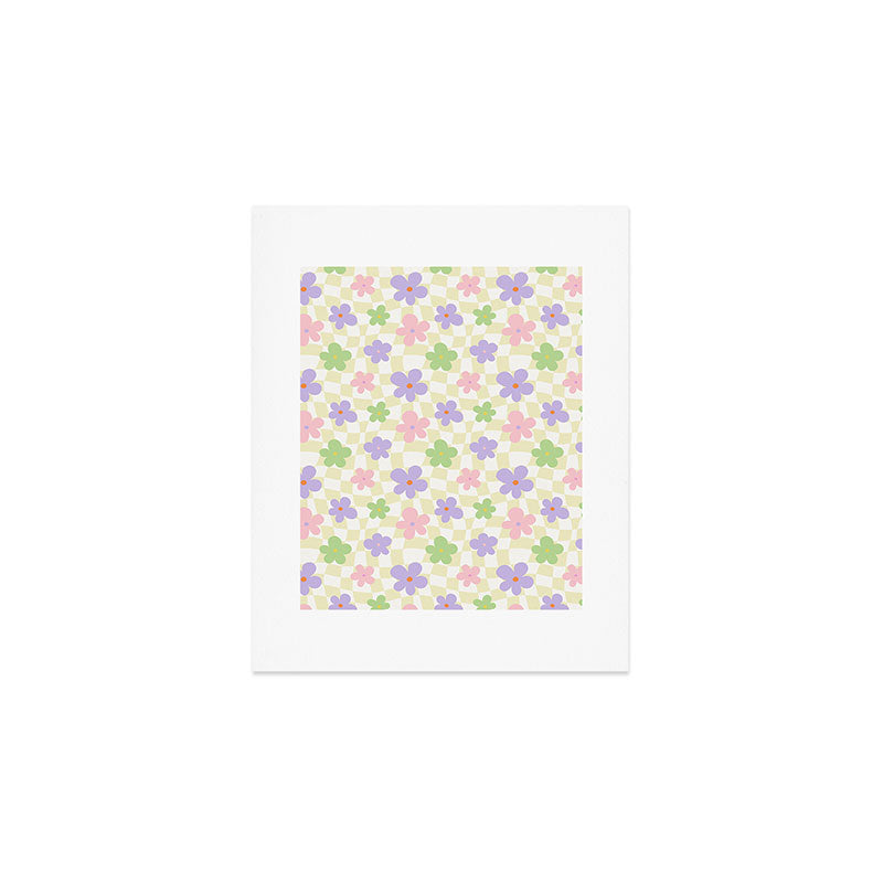 Colorful retro flower checkered pattern Art Print Gallery Image 1